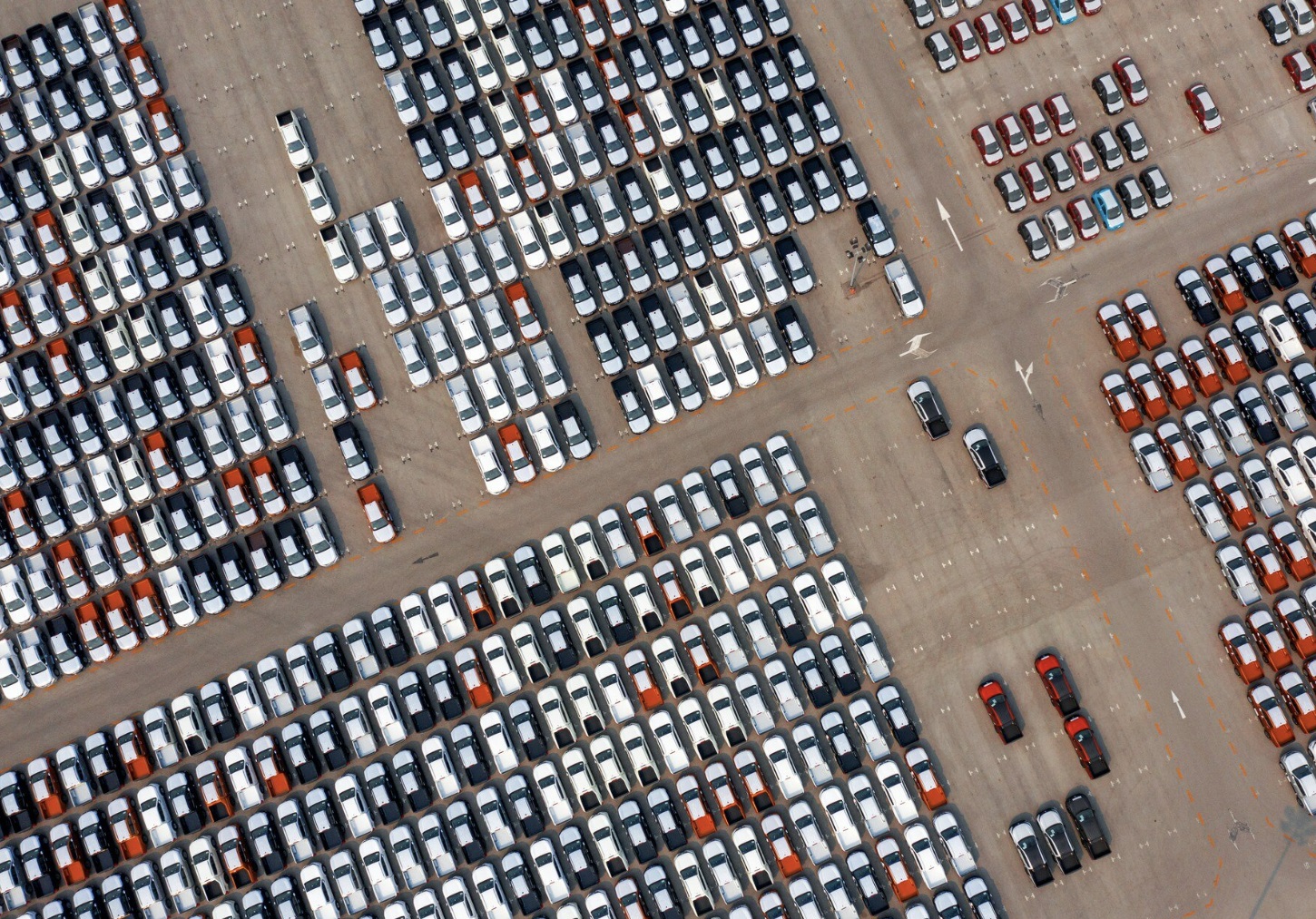 Aerial view of a large wholesale vehicle lot